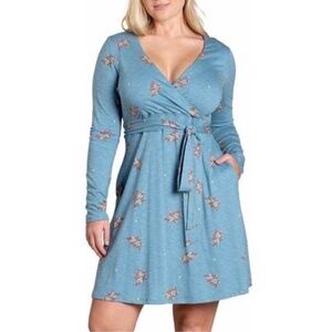 Toad&Co Cue Wrap Dress L Blue Long Sleeve Stretch Organic Cotton Pockets Boho